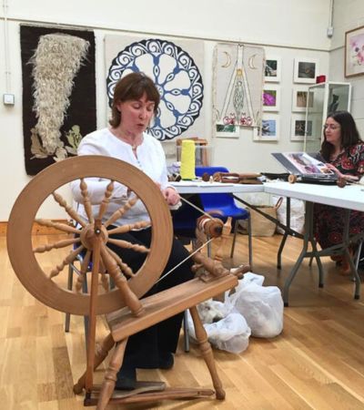 Woman spinning in classroom