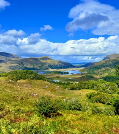 View of rolling hills and lakes